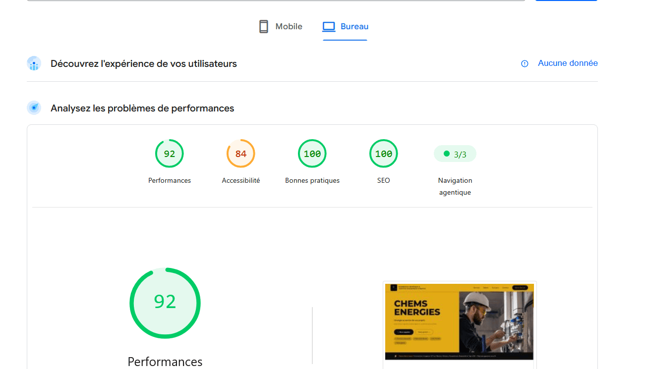 Données Page Speed Insight sur les performances techniques du site Chems Energies