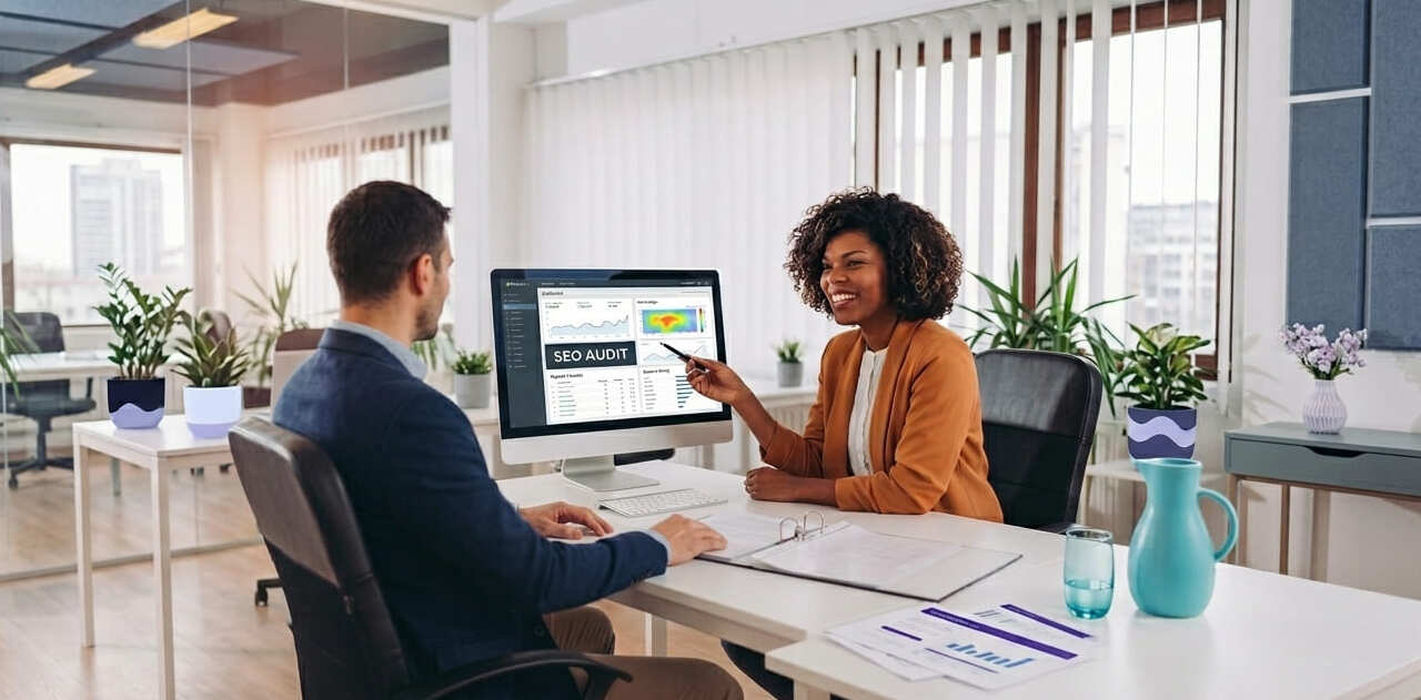 Une consultante SEO présente un audit SEO à un client sur un tableau de bord