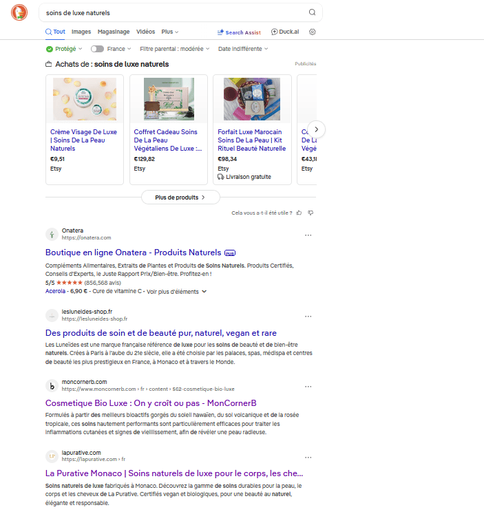 Mention du site La Purative en top 4 sur Duck Duck Go